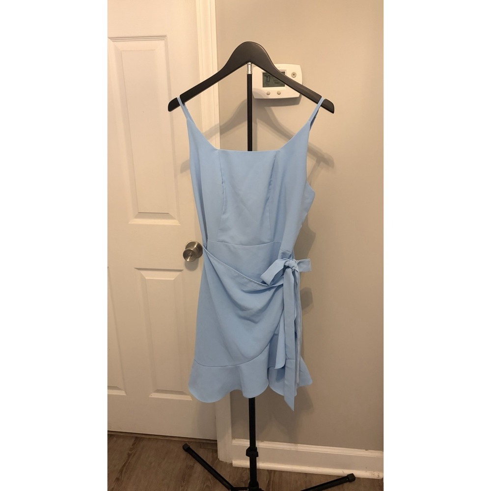 Light Blue Faux-Wrap Mini Dress with Side Tie Ruffle Hem L Cocktail Princess EUC